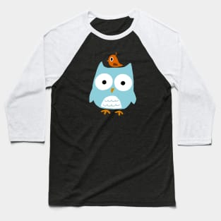 Blue Owl with Little Orange Bird Baseball T-Shirt